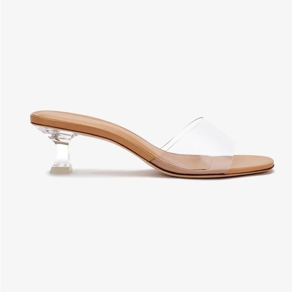 Larroude Vivi Lucite Mule In Tan Leather and Vinyl - Picture 2 of 11